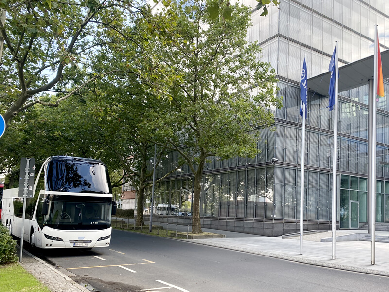 bus near business building